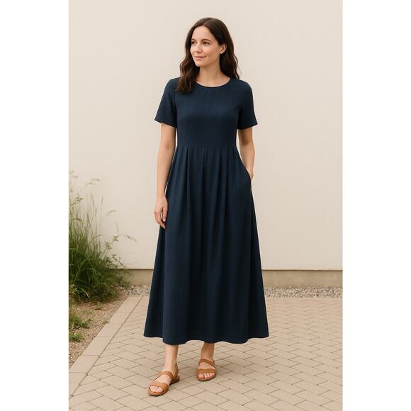 Linen Blend Maxi Dress Navy S Modest Short Sleeve - Picture 1 of 8